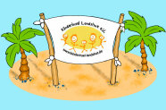 Logo mit symbolischen Palmen und Schild mit Schriftzug "Kinderinsel Landshut e. V."