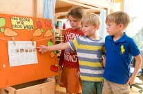 Drei Kinder stehen neben oranger Tafel mit Aufschrift 'Das essen wir diese Woche'